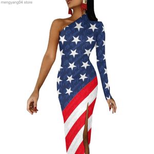 Casual jurken Star Flag Pirnt Maxi Jurk One Schouder USA 4 juli Independence Day Night Club Bodycon Dress Autumn Streetwear Lange jurken T230522