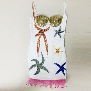 Vestidos casuales Starfish Rhinestones Lentejuelas Verano Mujeres 2023 Sexy Strapless Ruffles Bodycon Elegante Vestido de fiesta de noche Mini Vestidos