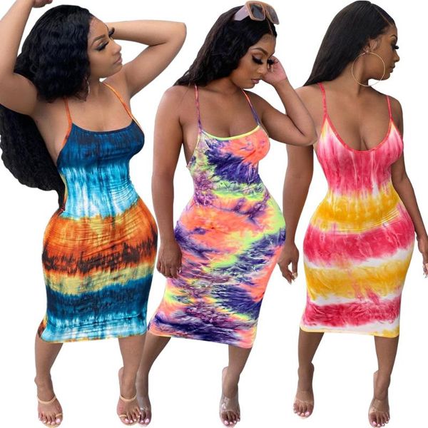 Vestidos casuales Correa de longitud media Tie Dye Halter Sexy Ladies Summer Print Fashion Square Collar 2023 Ropa de mujer 2XL Tallas grandes