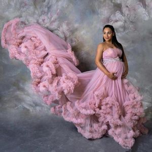 Vestidos casuales Maternidad sin tirantes para Po Shoot Tallas grandes con volantes en niveles Tul Mujeres embarazadas Vestidos de fiesta Cristales Vestido de Novia