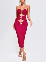 Casual jurken strapless sexy dames metalen accessoires holle bandage midi-jurk bodycon celebrity club feestavond