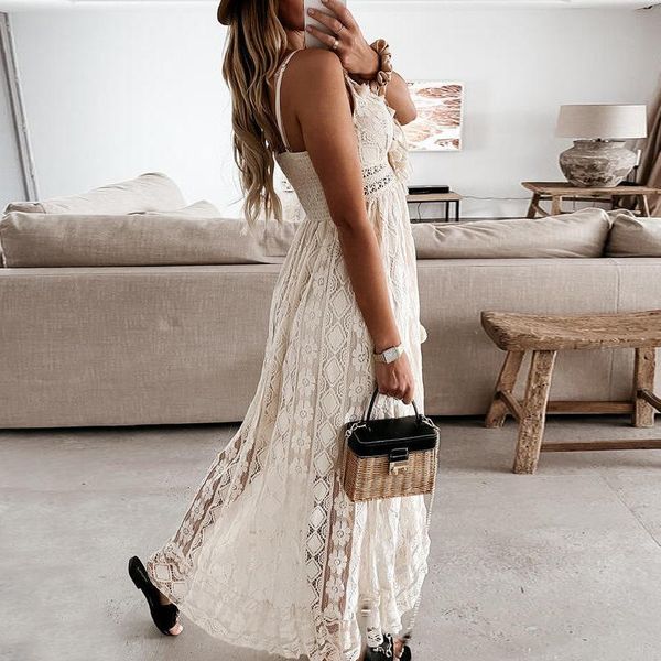 Vestidos casuales sin tirantes verano boho maxi vestido mujeres con cuello en v borla encaje blanco sexy bohemio irregular largo playa vestidoscasual220u