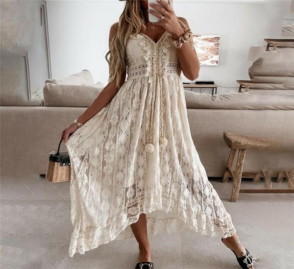 Robes décontractées sans bretelles été Boho Maxi robe femmes col en V gland dentelle blanche sexy bohème irrégulière longue plage robesCasual3168816