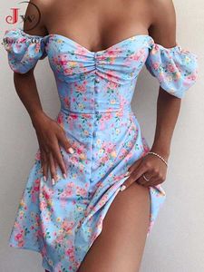 Casual Jurken Strapless Vrouwen Zomerjurk Sexy V-hals Bloemenprint Boho Strandjurk Split Off the Shoulder A Line Mini Sundress Robe S~3XL Z0612