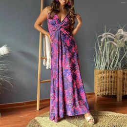 Casual jurken strappy v-neck boho long jurk dames zomer 2024 hoge taille losse swing maxi bloemen tropical backless strandzon