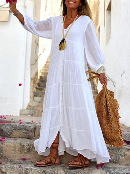 Robes décontractées Streetwear lâche coton lin robe femmes vêtements d'été solide col en v bouton Up Maxi Long vêtements de plage Vestido