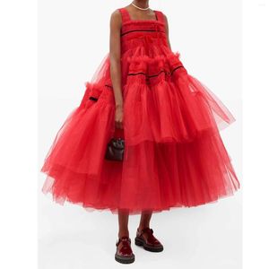 Robes décontractées frappant Puffy rouge a-ligne Tutu Tulle femmes Maxi à la fête d'anniversaire haut élastique mignon arc mi-mollet robes