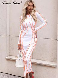 Robes Décontractées Stripe Femmes Robe Sexy Moulante Hanche Paquet Midi Robes Femme Printemps Blanc O-cou À Manches Longues Party Club Lady Vestidos 230303