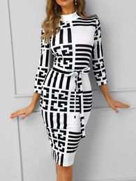 Robes décontractées rayé colorblock insérer femmes robe moulante trois quarts manches col faux bureau dames midi dresscasual