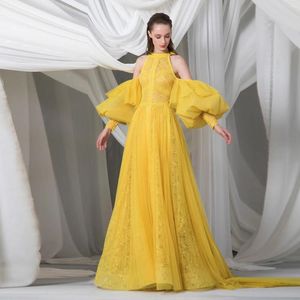 Robes décontractées Superbes robes de bal longues en dentelle d'or avec manches lanternes jolie ligne plissée tulle femmes fête formelle