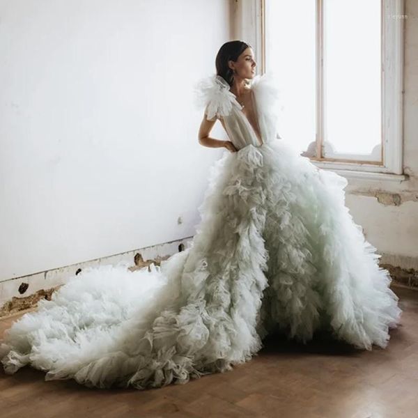 Robes Décontractées Superbes Volants De Mariée Robe De Tulle Menthe Fluffy Long Train Prom Party Mariée Robes De Mariée Pography Props Personnalisé