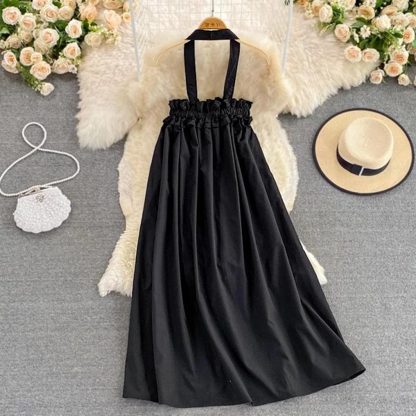 Robes décontractées Style Mode Hepburn Halter Cou Off Épaule Robe Fille Lâche Bretelles Banquet Femmes Noir Dos Nu