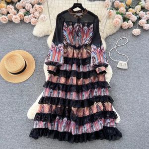 Casual Jurken Stijl Vintage Elegante Feestjurk Dames Opstaande kraag Lange mouw Bloemenprint Vakantie Cascading Ruches Kant 518