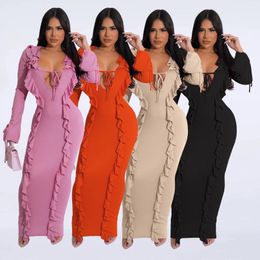 Robes décontractées Style femmes volants robe de soirée sexy col en V profond à lacets manches longues gaine extensible goutte