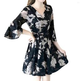 Casual jurken Stijlvolle bar Chiffon High Elastic Taille Party Dress Bow A-lijn vrouwen halve mouw bloemenprint bloemen boho vrouwelijke vestido