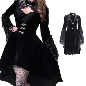 Vestidos casuales Elegante vestido negro Vestido de costura de encaje Vestido gótico de lolita Vestido plisado hueco Ropa de calle oscura Vestido irregular Z0216