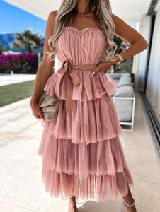 Vestidos casuales STYLISH LADY Mesh Tierred Ruffle Dress 2023 Summer Women Strapless Backless Big Swing Club Party Elegante largo