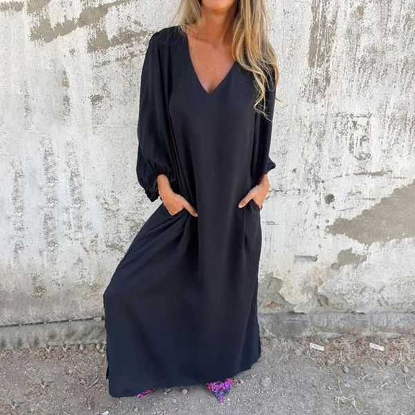 Vestidos informales elegantes con cuello en V largo con cuello largo elegante vestido maxi de verano con mangas de linterna para mujeres Oficina de poliéster de color sólido