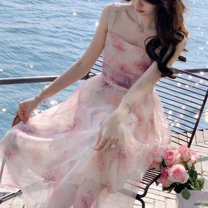 Casual jurken Zomer 2022 Franse entry Lux Fairy Floral Short Sleeve Strappy Dress Dames Elegante hoogwaardige hoogwaardige