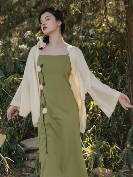 Vestidos casuales verano 2023 chino mejorado Hanfu Sexy verde flor Sling elegante mujer Vintage playa vestido protector solar cárdigan