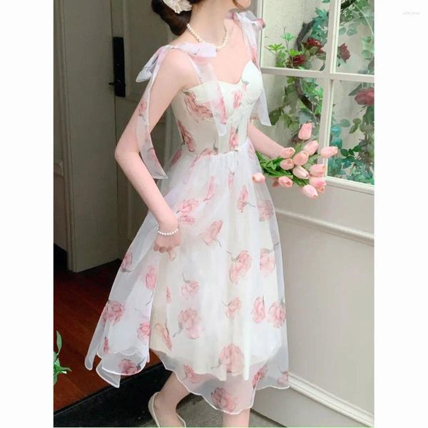 Robes décontractées Été 2023 Français Élégant Robe sans bretelles Femmes Floral Party Beach Vintage Bureau Lady Fairy Lolita Sweet Midi