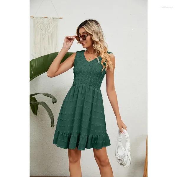 Vestidos informales Summer 2023 Jacquard Chiffon Loose V-Neck Fashion Falda sin mangas minifalda Vestido blanco Cumpleaños