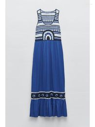 Vestidos casuales Verano 2023 Estilo étnico de mujer Retro Azul Crochet Empalmado Cuello cuadrado Vestido largo de punto sin mangas