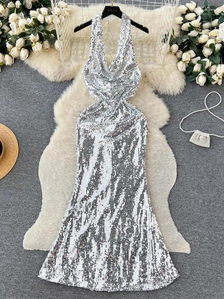 Robes décontractées été 2024 Retro Elegant Silver Sequins Backless Birthday Party Long Sundress Femmes Sexy Club Club Sans manche enveloppant Soirée