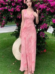 Casual jurken zomer 2024 zoet roze slanke slank v nek mouwloze backless vest long jurk dames sexy club verjaardagsfeestje avondvestidos