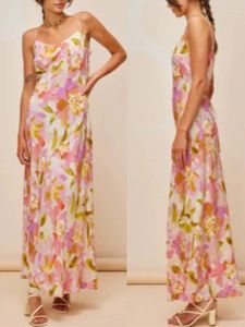 Casual jurken zomer 2024 vrouwen zijden slip jurk bloemenprint sexy mouwloze elegante off-shoulder vrouwelijke maxi slinger gewaad