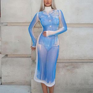 Robes décontractées été impression stéréo 3D Sexy robe moulante à manches longues Afrique Y2k fête Clubs bal léger aéré maille transparente