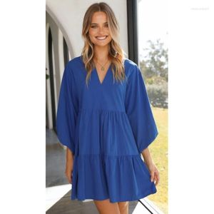 Vestidos casuales Verano Una línea Mini vestido Manga tres cuartos Cuello en V Trajes de moda sueltos Mujer Negro Azul Verde Gota