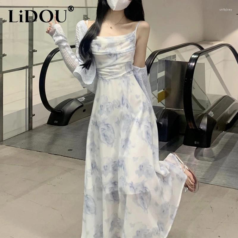 Casual Dresses Summer Autumn Floral Printing Sweet Slip Dress Ladies Sexy Sleeveless Tank Robe Knitting Coat Two Pieces Set Women's Clothing