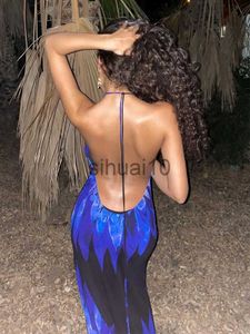 Casual Jurken Zomer Backless Maxi-jurk voor Dames Sexy Mesh Gedrukt See Through Slim Beach Dress Blue Long Club Party Vacation Outfits 2023 J230705