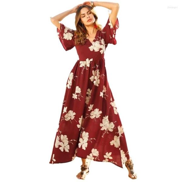 Robes décontractées Été Bali Robe de vacances Vintage Élégant Rouge Plage Imprimer Moyen Long Parti Femmes Brésil Robes
