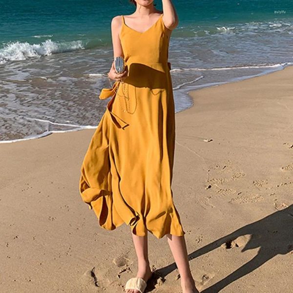 Vestidos casuales Playa de verano Bohemio Vestido amarillo para mujeres Trajes de vacaciones Cintura alta A-Line Color Sólido Elegante Fiesta Hada