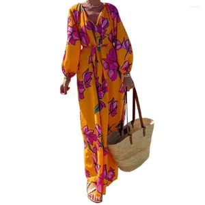 Robes décontractées Robe de plage d'été Boho avec col en V profond plissé coupe ample pour les vacances vacances longueur de la cheville des femmes serrées