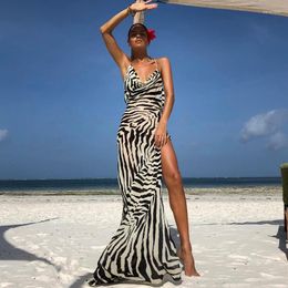 Casual jurken zomer strandjurk voor dames vakantiestijl zebrastrepen sexy backless maxi mode split halter gewaad