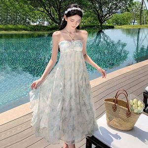 Casual Jurken Zomer Strand Vakantie Lange Vrouwen Halter Ruches Bloemenprint Elegante Pailletten Feestjurk Fee Strapless Vestidos Q088