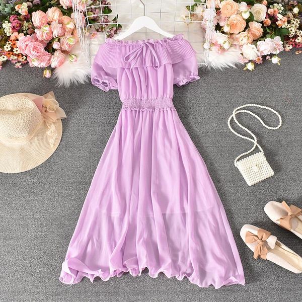 Vestidos casuales Summer Beach Style A-Line Midi Dress para mujer Slash Neck Sleeve High Waist Lace 114240