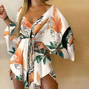 Robes Décontractées D'été Plage Robe D'été Robe S-3XL 10 Couleur Feuilles Imprimé Floral Cordon De Fête Mini Robe Courte Vêtements Pour Femmes