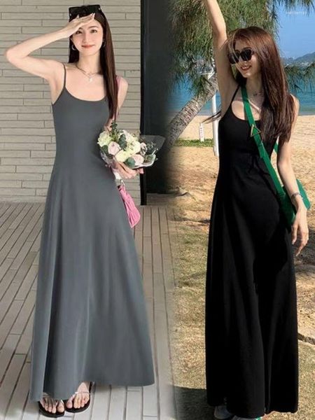 Robes Décontractées D'été Robe Noire Femmes Bretelles Sans Manches Sexy Mode Coréenne Gris Jarretelles Simple Tempérament Longuette Jupe