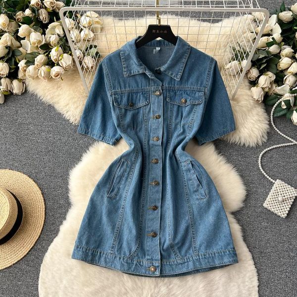 Robes décontractées Summer Blue Denim Robe Femmes Turn-Down Collier Simple Boutonnage Jupe à manches courtes Mode A-Line Courte