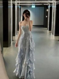 Casual Jurken Zomer Blauwe Ruches Fairy Jurk Vrouwen Effen Elegante Partij Lange Vrouwelijke Koreaanse Mode Backless 2023 Frans