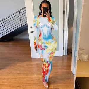 Robes décontractées Summer Bodycon maxi robe imprimé skinny women tenue wrap jupes streetwear o cou plage porte la robe d'été tendance longue