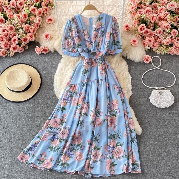 Vestidos casuales Vestido largo floral bohemio de verano para mujeres Sexy con cuello en V Manga corta Cintura alta A-Line Big Swing Vestido Azul Robe 2023