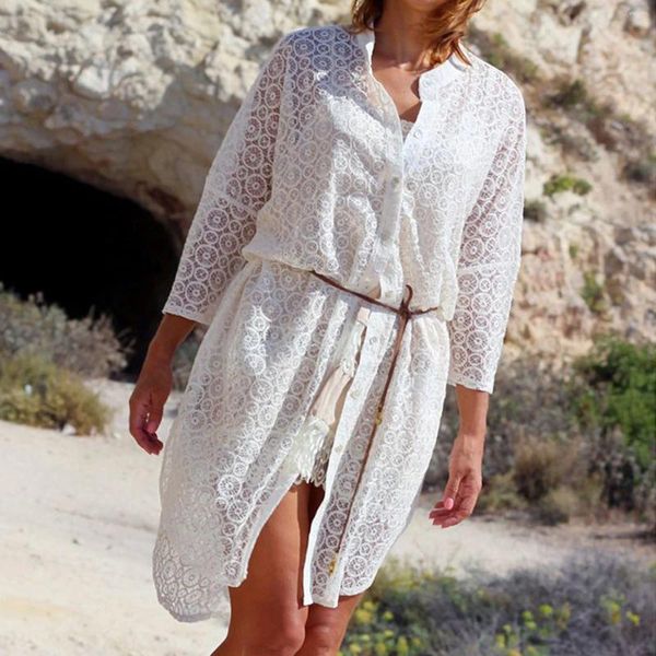 Robes décontractées Summer Bohemian en dentelle de dentelle pour femmes à manches longues robe de plage en vrac couverture ups élégant blanc