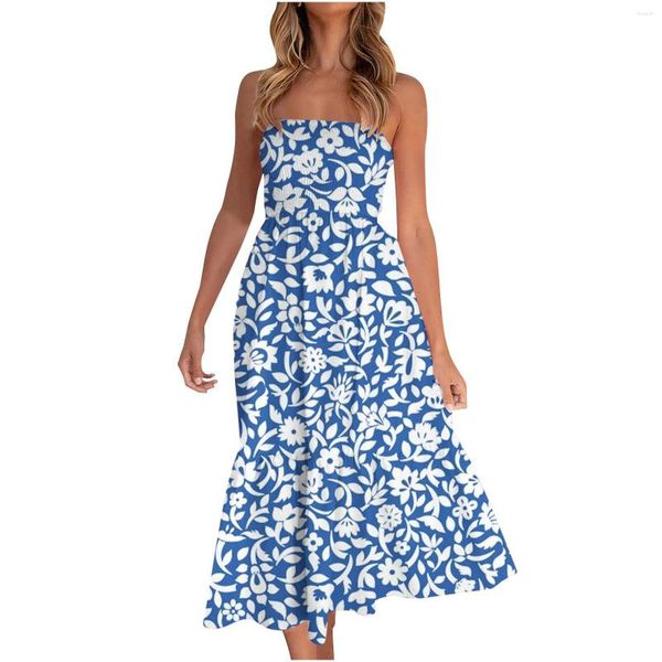 Vestidos casuales Verano bohemio Vestido largo con hombros descubiertos Estampado floral Sin tirantes Fiesta Playa Flujo Luz diurna Tubo Top Chica