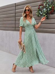 Casual jurken zomer boho long jurk dames v nek bloemenprint maxi jurk casual lantaarn mouw split jurk vrouwelijk vakantie strand zonsondergang g230311