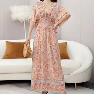 Robes décontractées été Boho longues femmes mode impression col en V demi manches coton robe élégante taille haute plage Vestidos